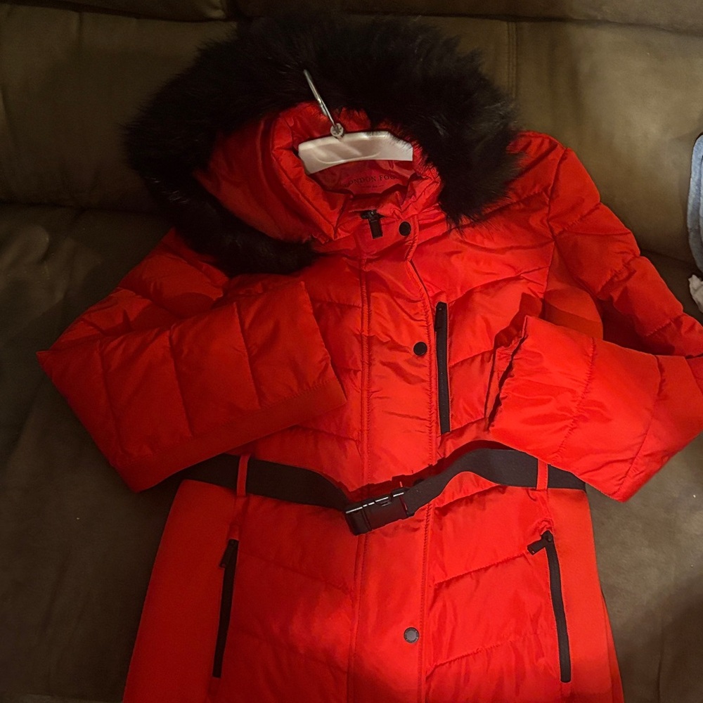London Fog Red Puffer Jacket with Black Faux Fur Hood